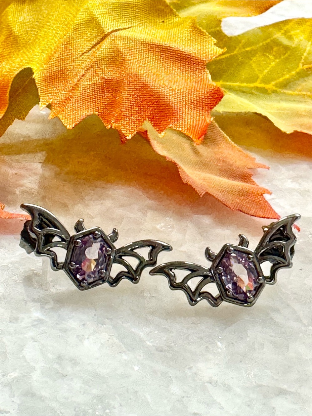 New Spooky Halloween Goth Bats w/ Faceted Purple Crystals Stud Earrings - 0.75”